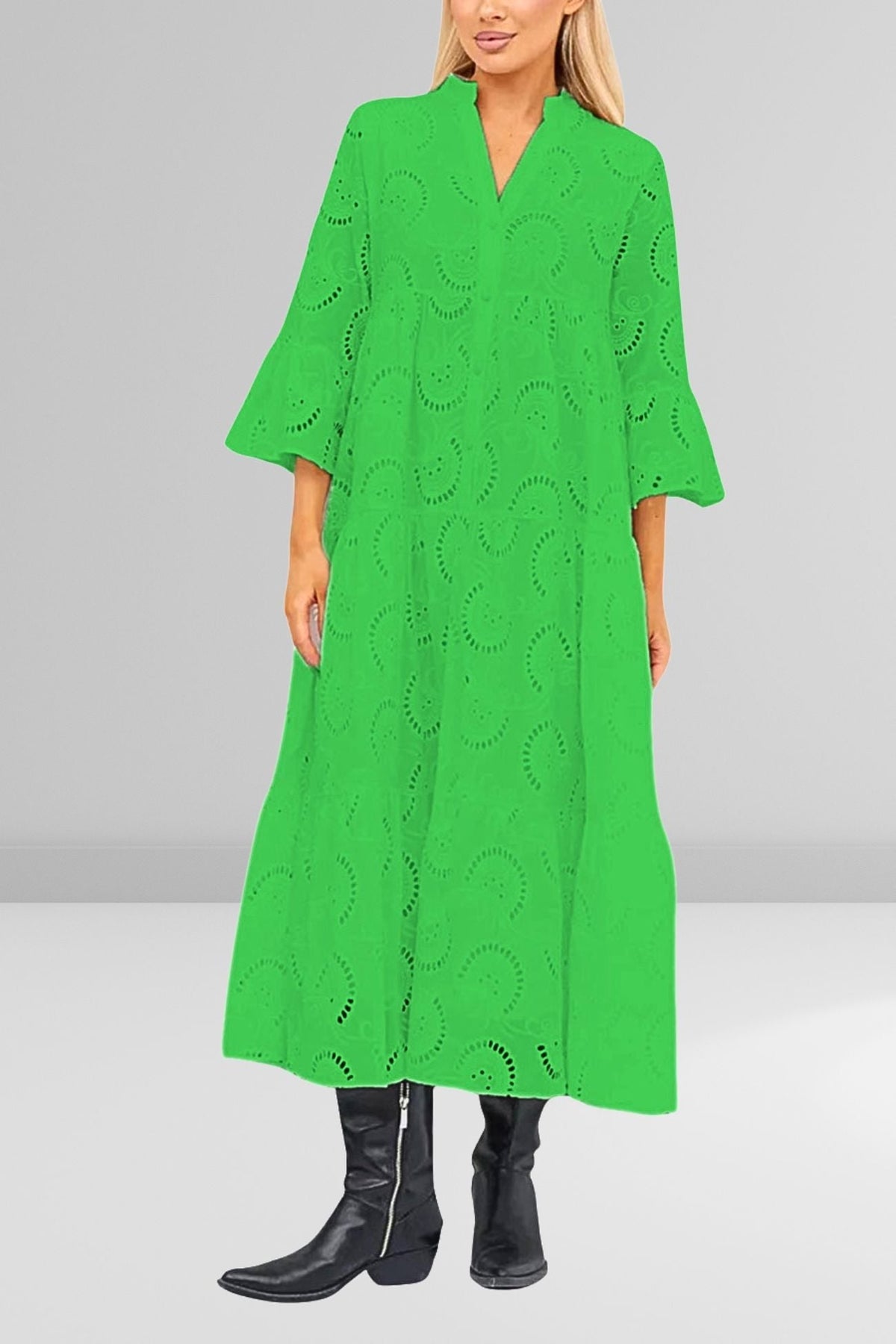 Robe Longue Femme En Coton Brodé Col V Manches Évasées