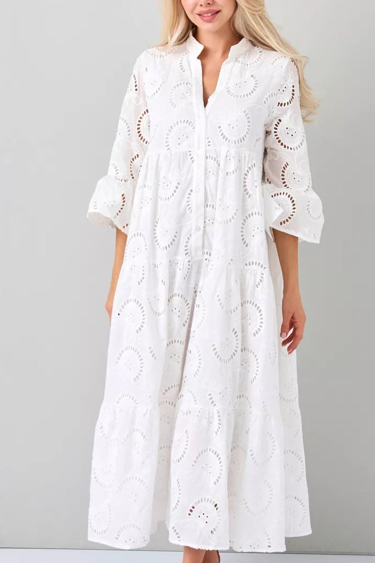 Robe Longue Femme En Coton Brodé Col V Manches Évasées