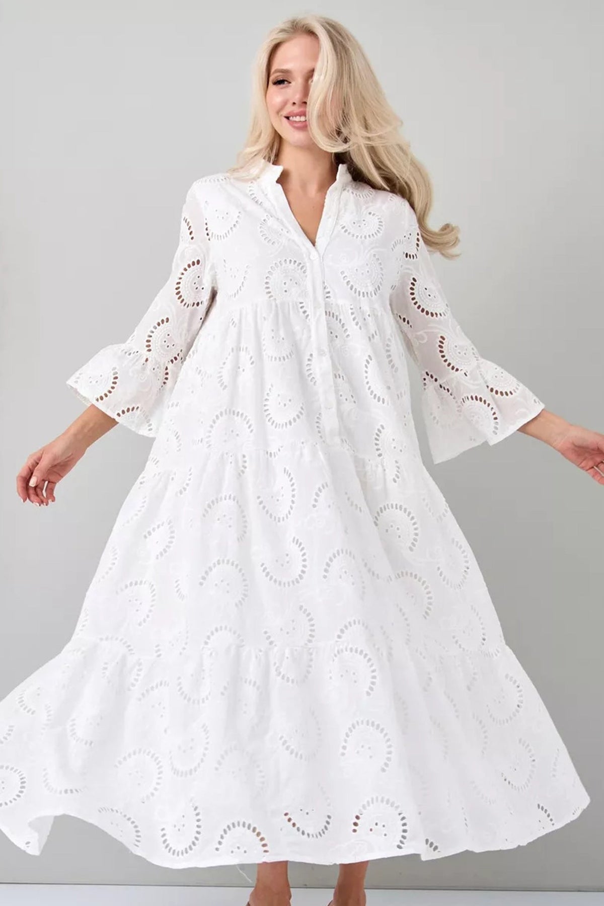 Robe Longue Femme En Coton Brodé Col V Manches Évasées