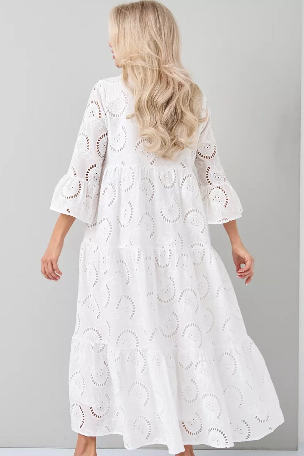 Robe Longue Femme En Coton Brodé Col V Manches Évasées