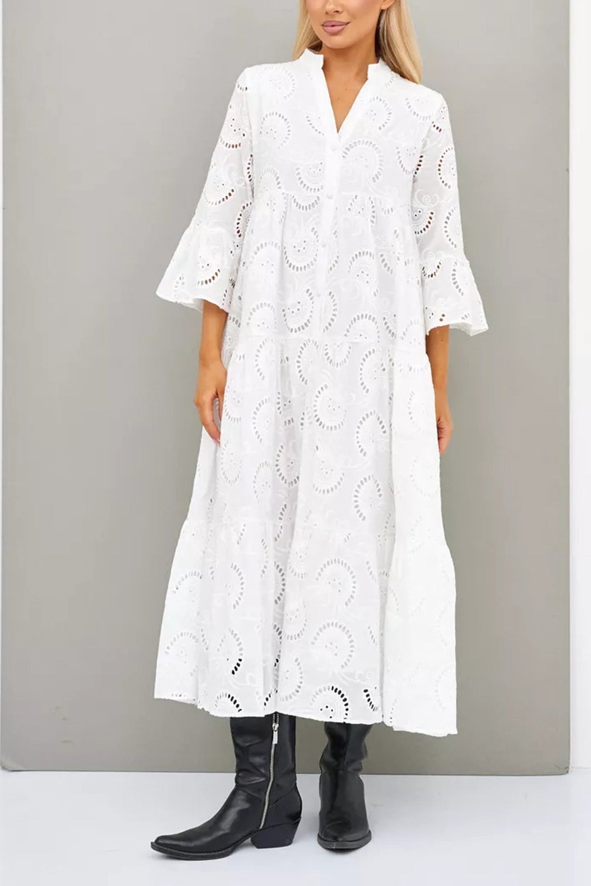 Robe Longue Femme En Coton Brodé Col V Manches Évasées