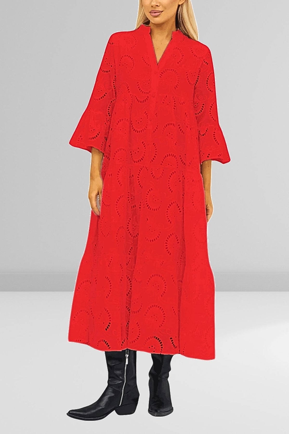 Robe Longue Femme En Coton Brodé Col V Manches Évasées