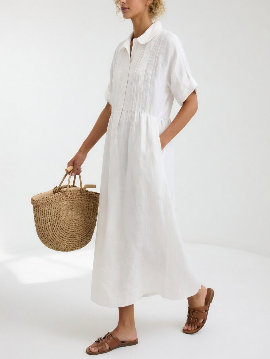 Robe Chemisier Longue Femme En Coton À Manches Courtes