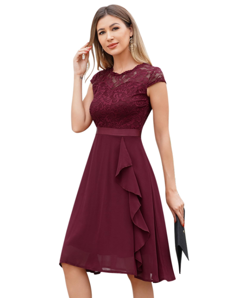 Robe Cocktail Femme En Dentelle Et Chiffon À Volants