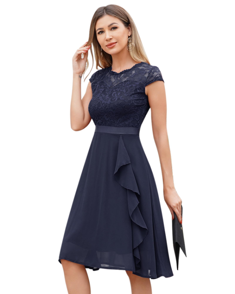 Robe Cocktail Femme En Dentelle Et Chiffon À Volants