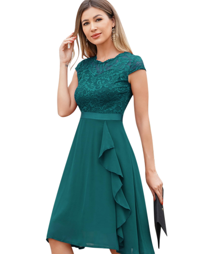 Robe Cocktail Femme En Dentelle Et Chiffon À Volants