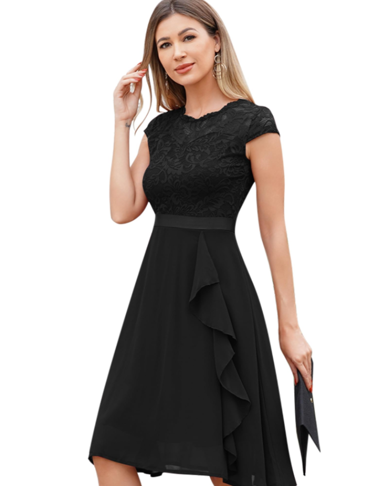 Robe Cocktail Femme En Dentelle Et Chiffon À Volants