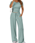 Ensemble Femme Deux Pièces Haut Froncé Et Pantalon Large