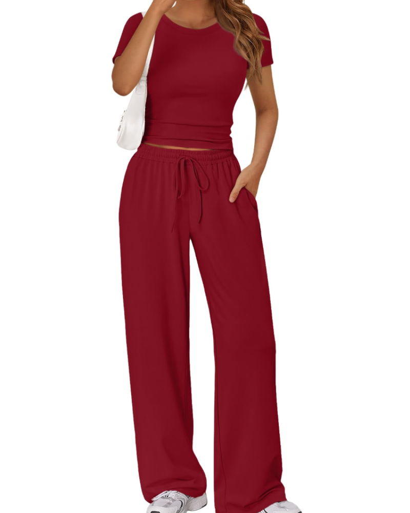 Ensemble Femme Deux Pièces Haut Froncé Et Pantalon Large