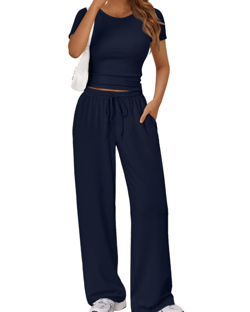 Ensemble Femme Deux Pièces Haut Froncé Et Pantalon Large