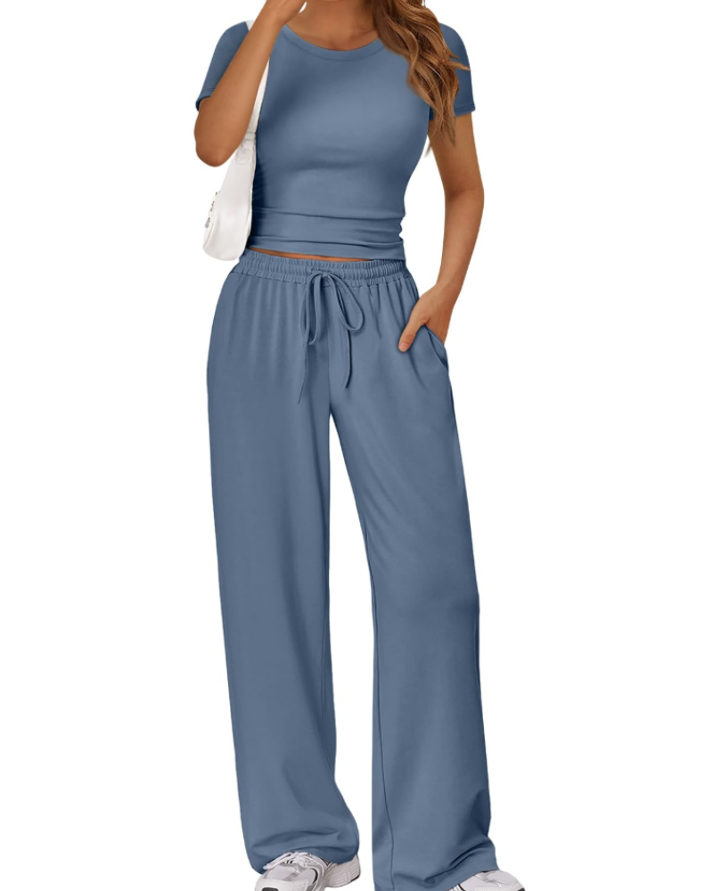 Ensemble Femme Deux Pièces Haut Froncé Et Pantalon Large
