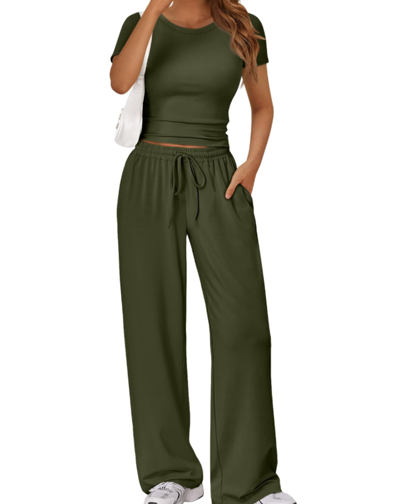 Ensemble Femme Deux Pièces Haut Froncé Et Pantalon Large