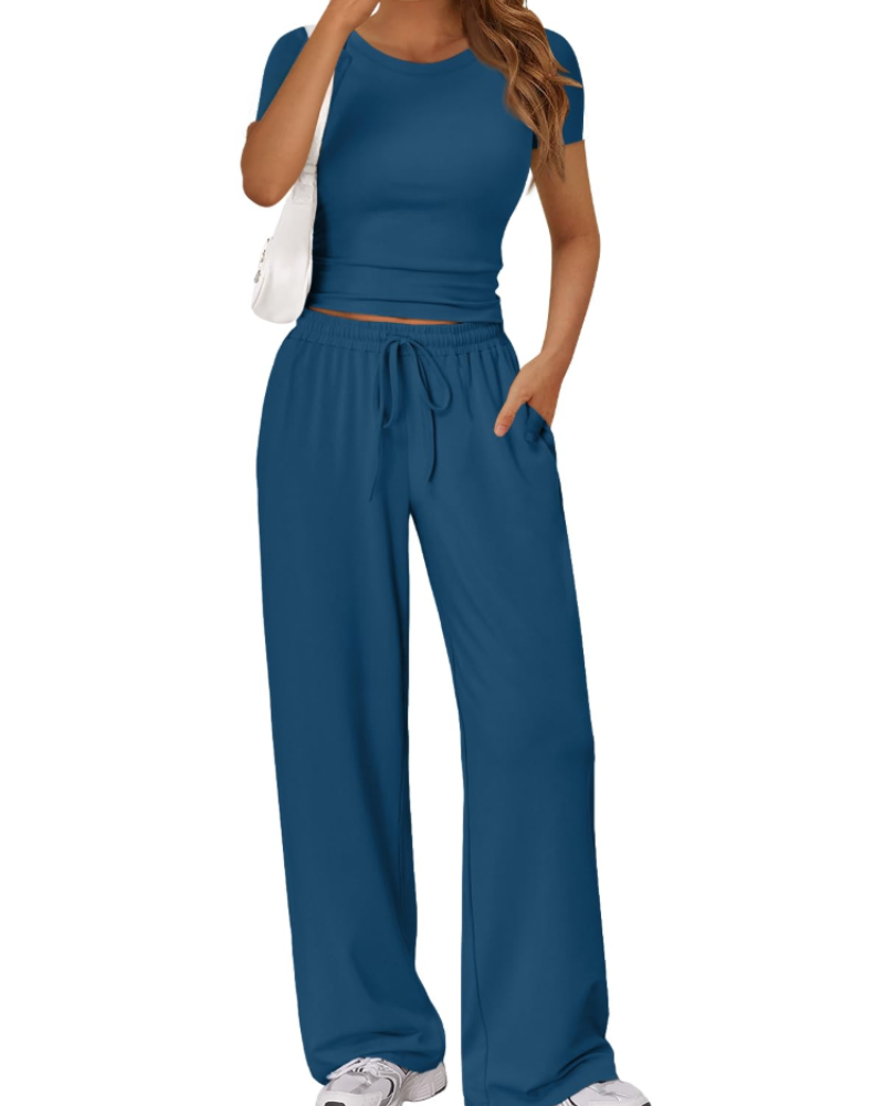 Ensemble Femme Deux Pièces Haut Froncé Et Pantalon Large