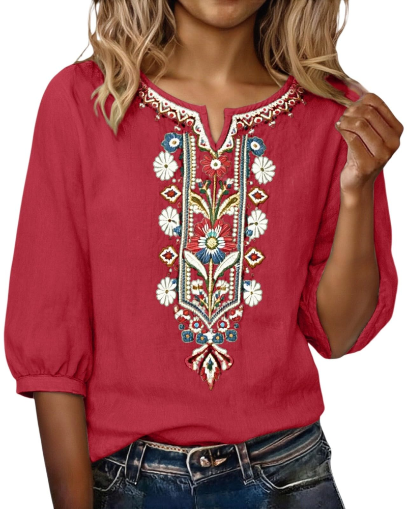Blouse Femme Fluide En Coton Et Lin Brodée Col V