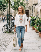 Blouse Femme Fluide En Coton Et Lin Brodée Col V