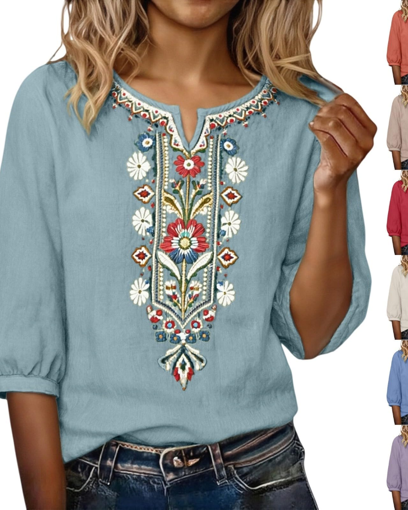Blouse Femme Fluide En Coton Et Lin Brodée Col V
