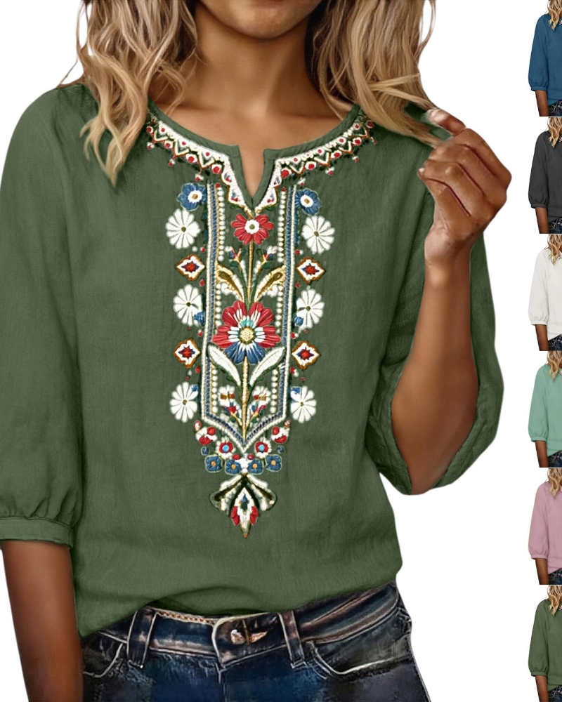 Blouse Femme Fluide En Coton Et Lin Brodée Col V