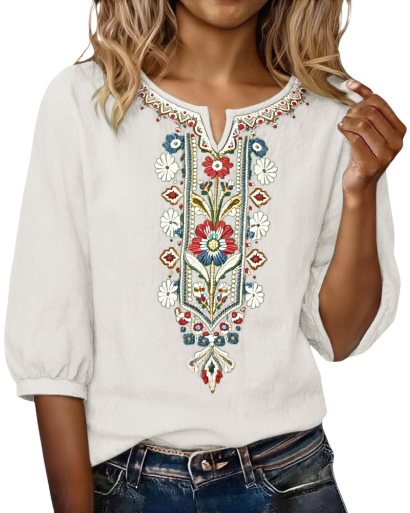 Blouse Femme Fluide En Coton Et Lin Brodée Col V