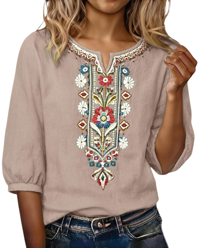Blouse Femme Fluide En Coton Et Lin Brodée Col V
