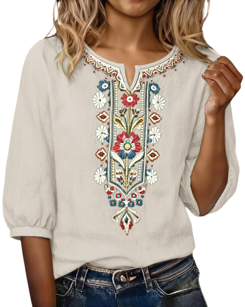 Blouse Femme Fluide En Coton Et Lin Brodée Col V