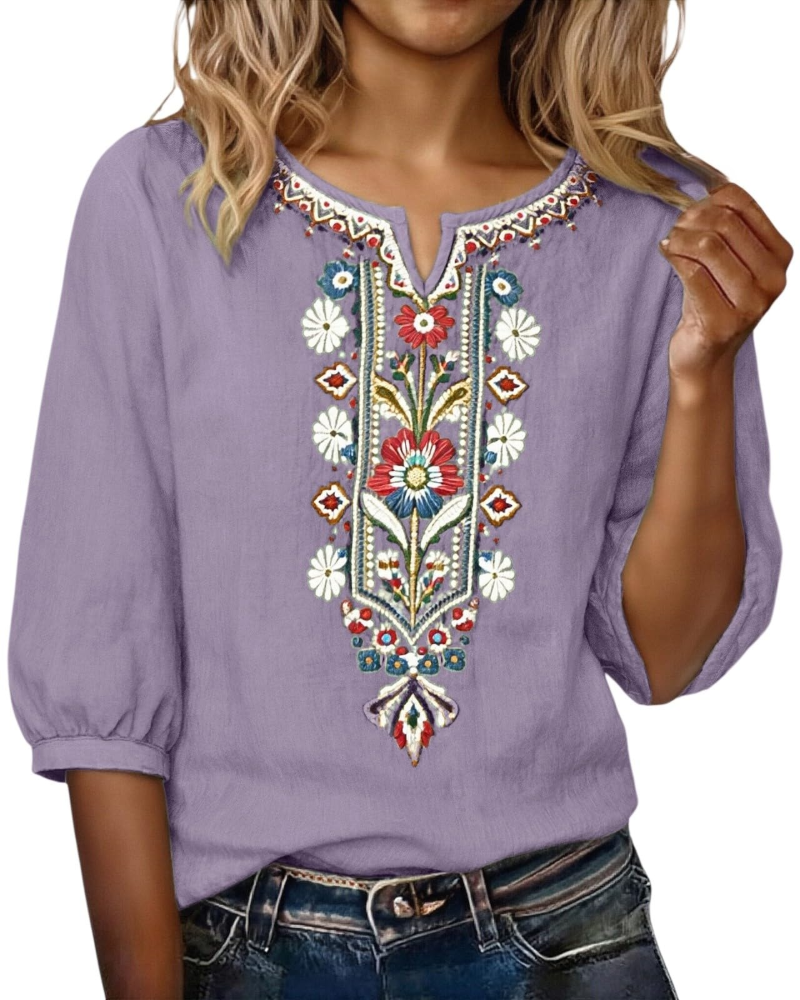 Blouse Femme Fluide En Coton Et Lin Brodée Col V