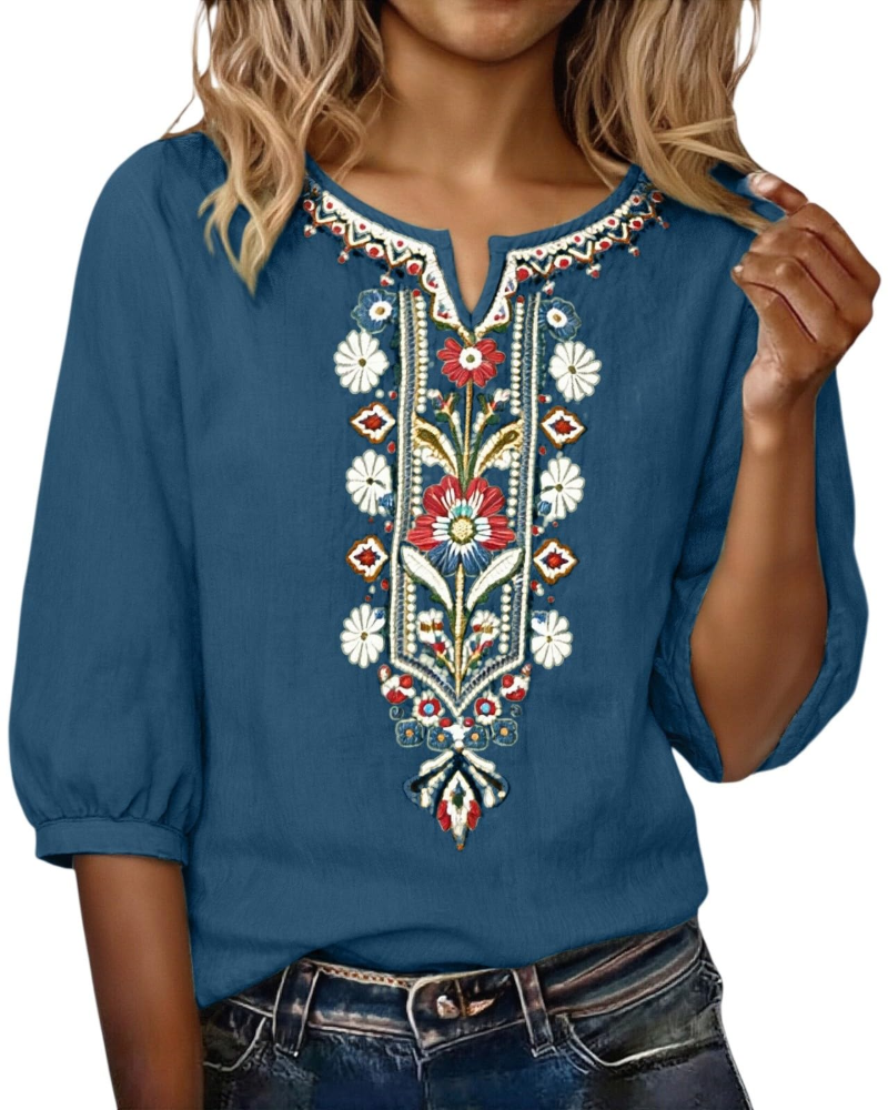 Blouse Femme Fluide En Coton Et Lin Brodée Col V