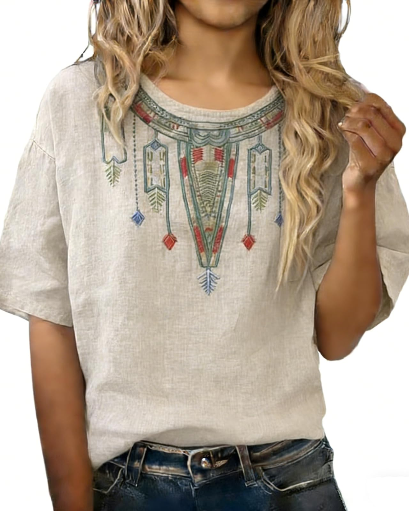Blouse Femme Fluide En Coton Et Lin Brodée Col V
