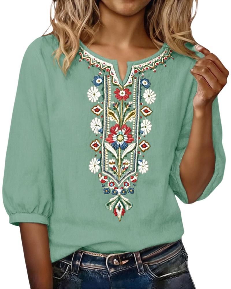 Blouse Femme Fluide En Coton Et Lin Brodée Col V