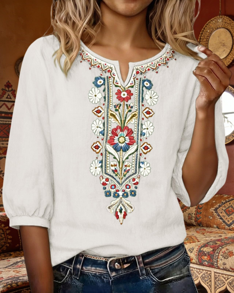 Blouse Femme Fluide En Coton Et Lin Brodée Col V