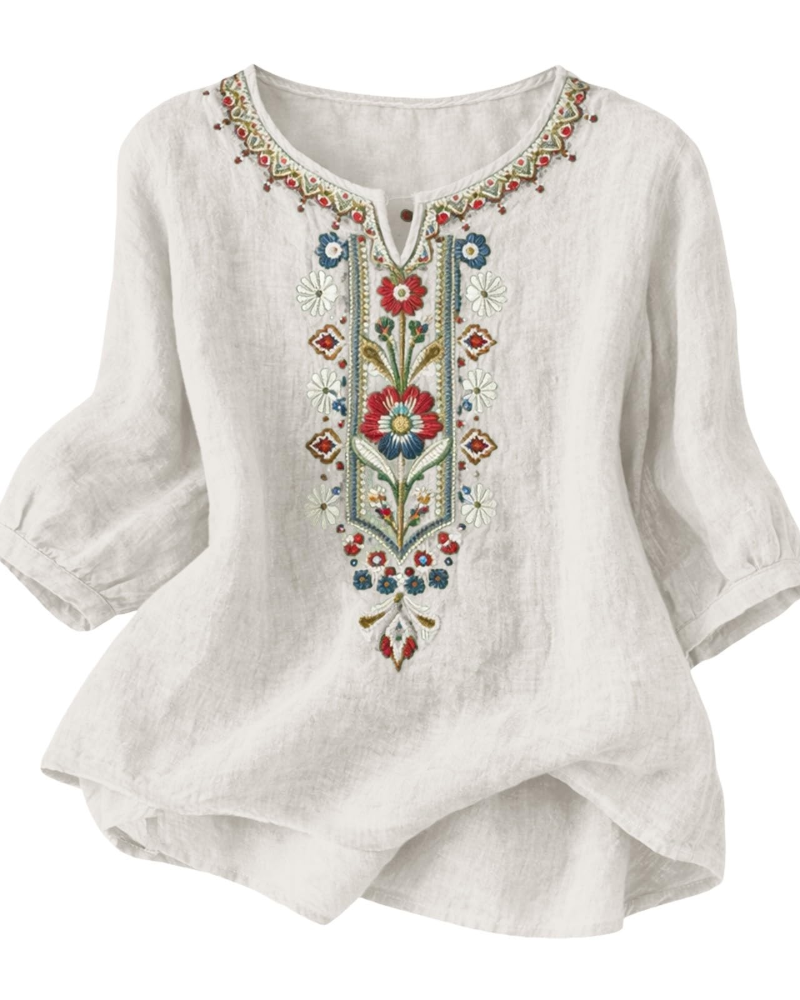 Blouse Femme Fluide En Coton Et Lin Brodée Col V