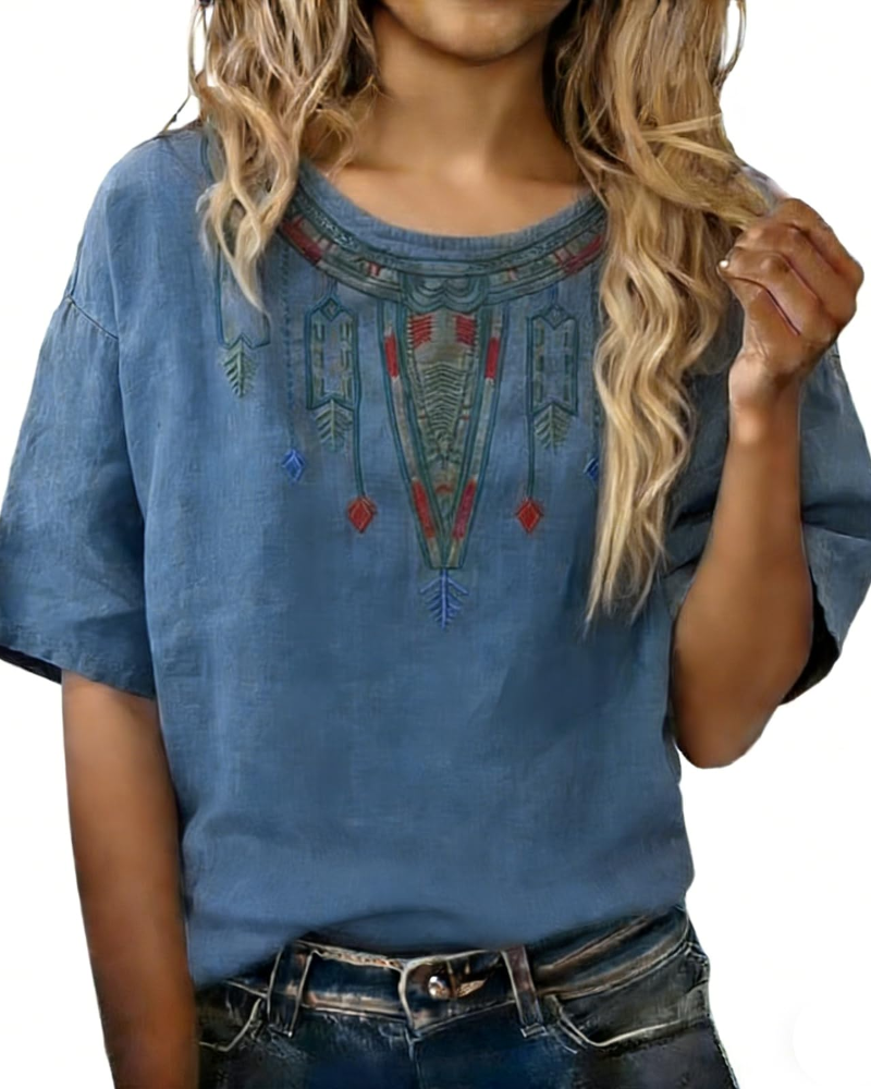 Blouse Femme Fluide En Coton Et Lin Brodée Col V