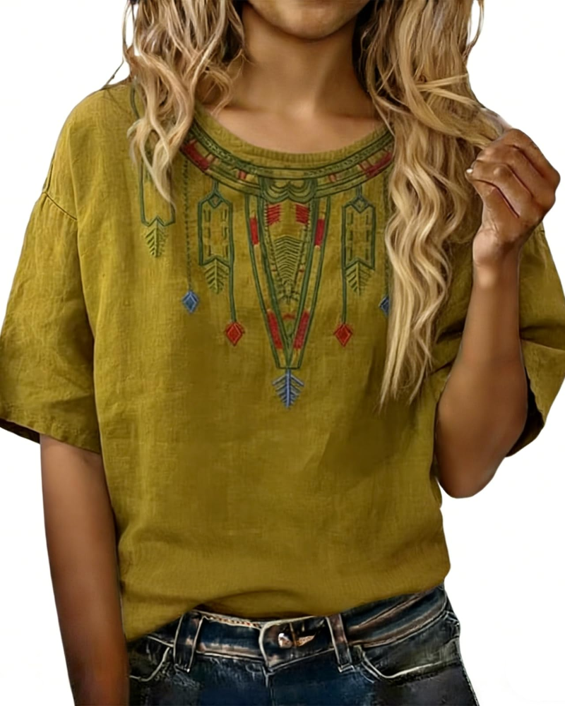 Blouse Femme Fluide En Coton Et Lin Brodée Col V