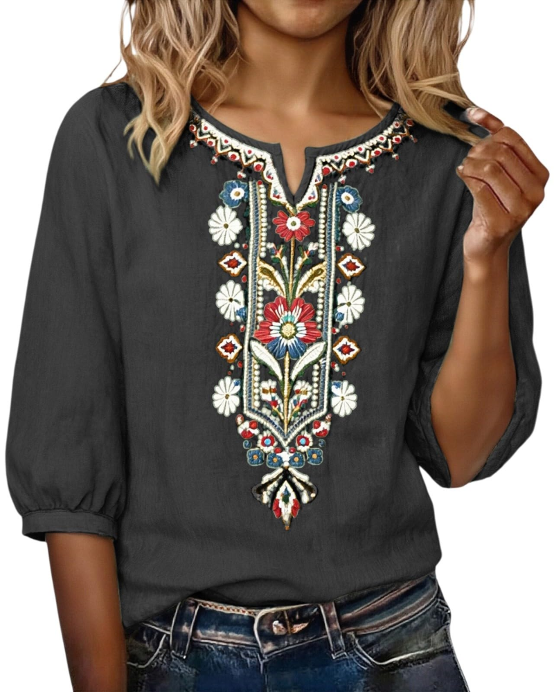 Blouse Femme Fluide En Coton Et Lin Brodée Col V
