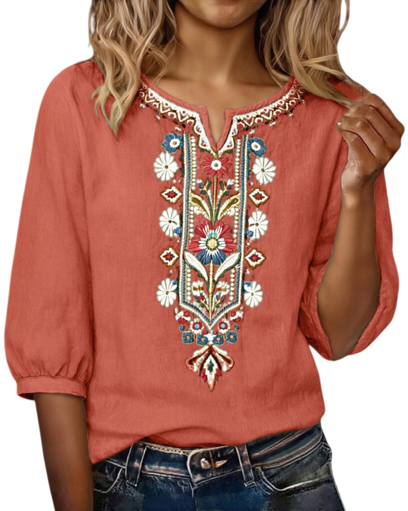Blouse Femme Fluide En Coton Et Lin Brodée Col V