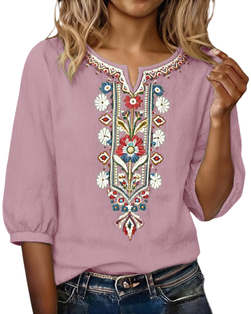 Blouse Femme Fluide En Coton Et Lin Brodée Col V