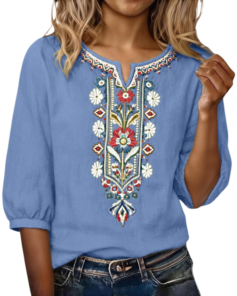 Blouse Femme Fluide En Coton Et Lin Brodée Col V