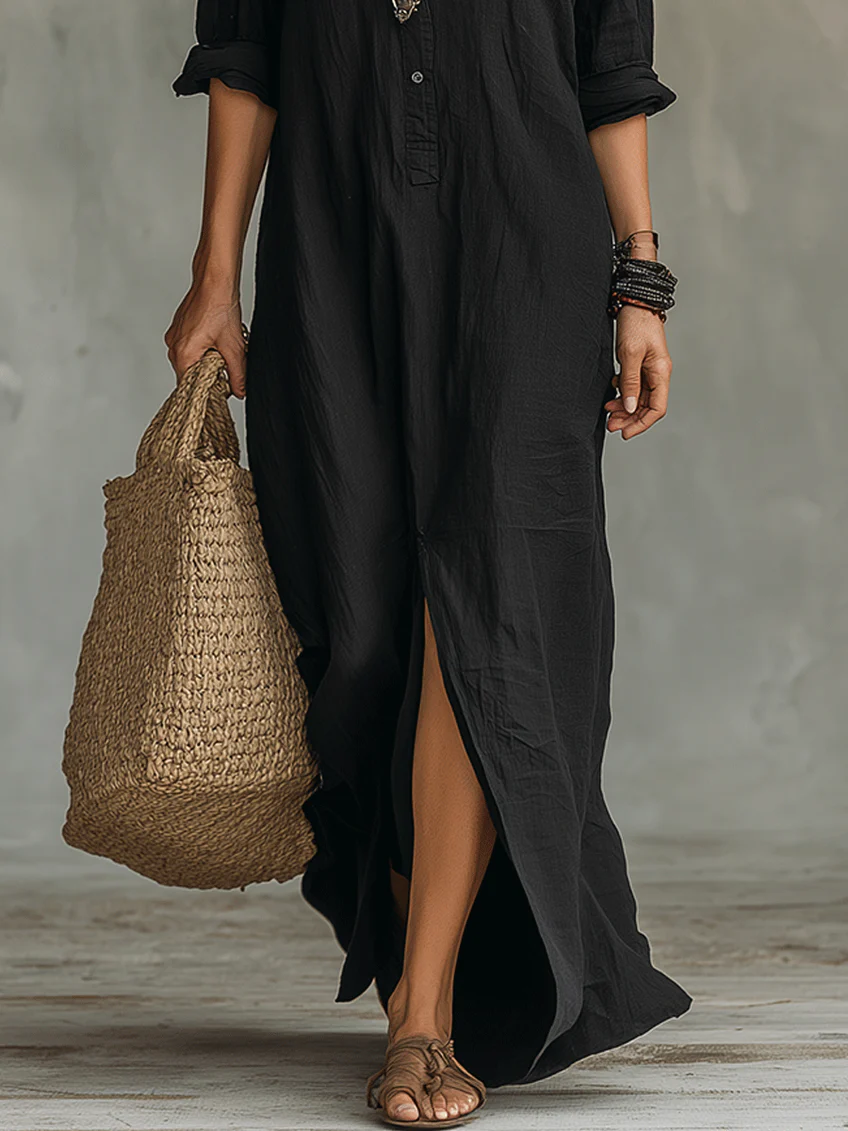 Robe Longue Femme Fluide Boutonnée Avec Col Chemise