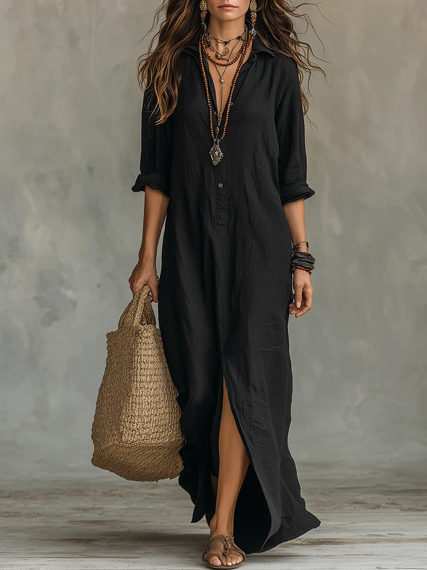 Robe Longue Femme Fluide Boutonnée Avec Col Chemise