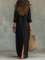 Robe Longue Femme Fluide Boutonnée Avec Col Chemise