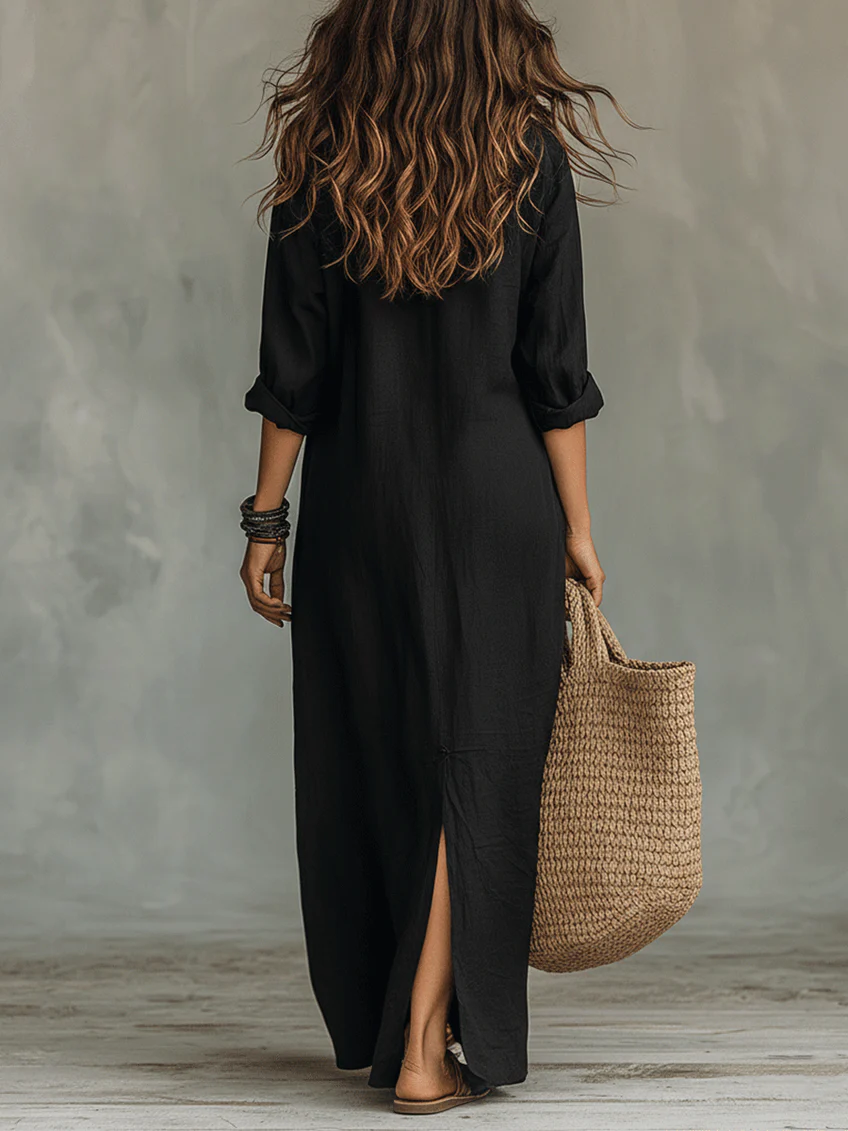 Robe Longue Femme Fluide Boutonnée Avec Col Chemise