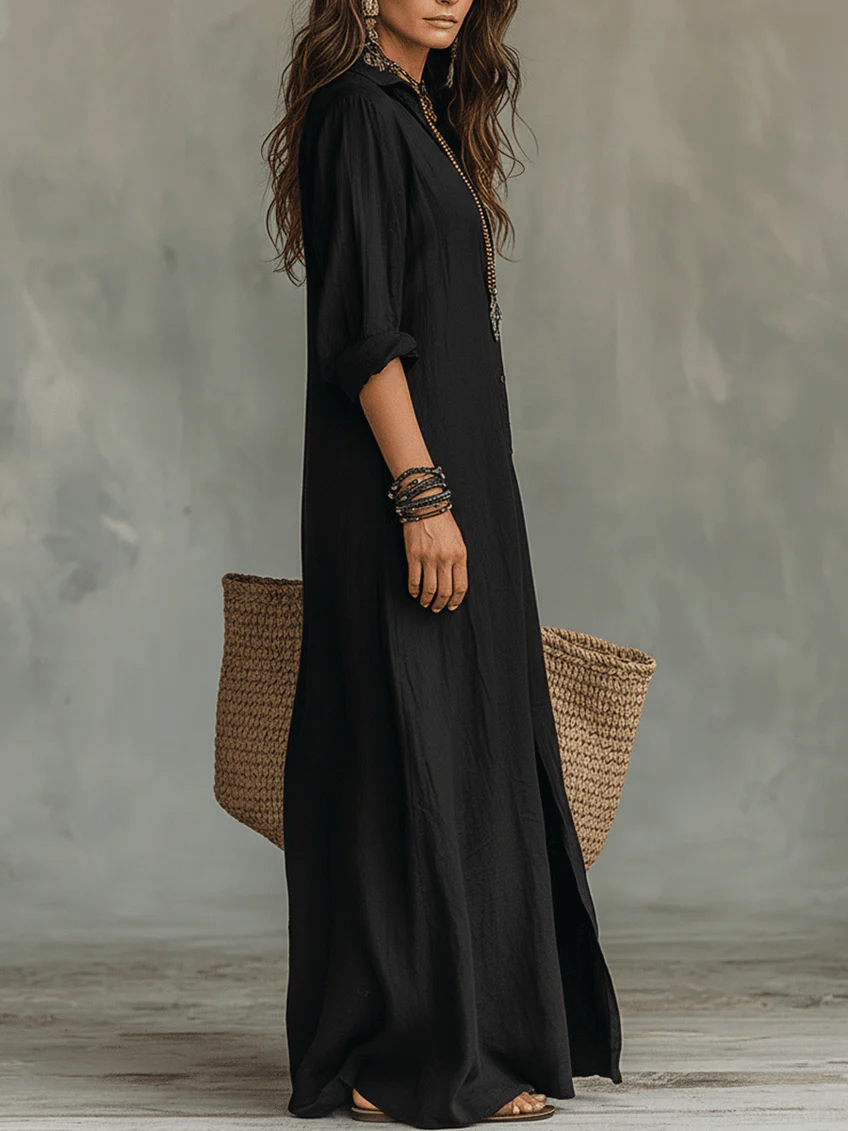 Robe Longue Femme Fluide Boutonnée Avec Col Chemise