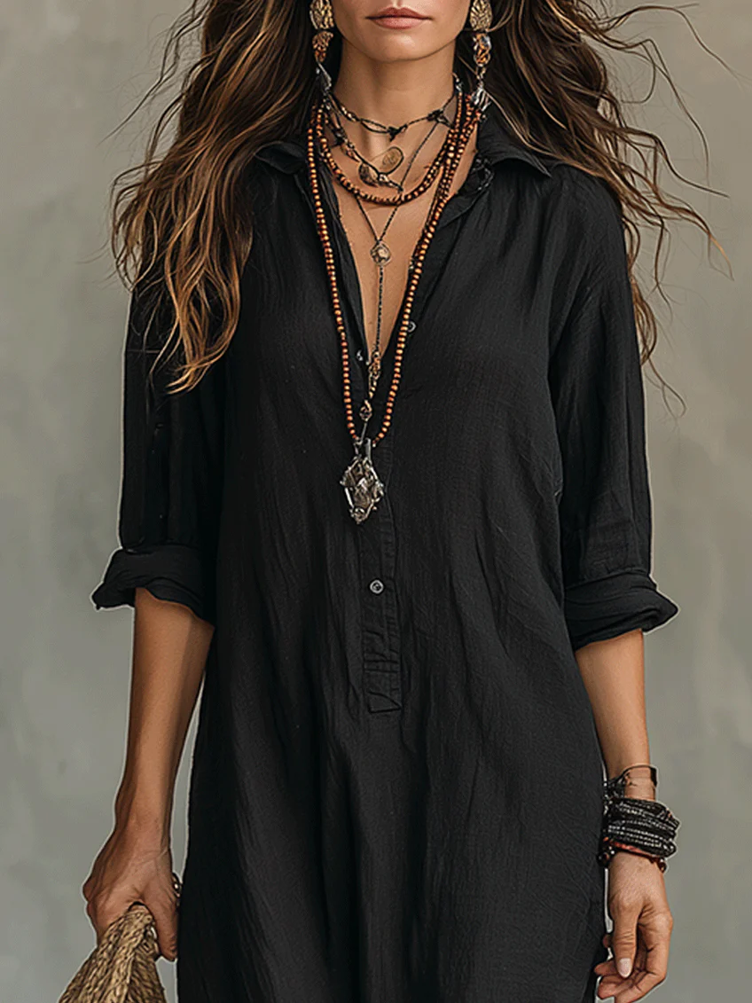 Robe Longue Femme Fluide Boutonnée Avec Col Chemise
