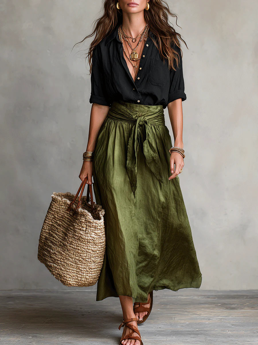 Ensemble deux pièces t-shirt et jupe midi taille haute pour femme