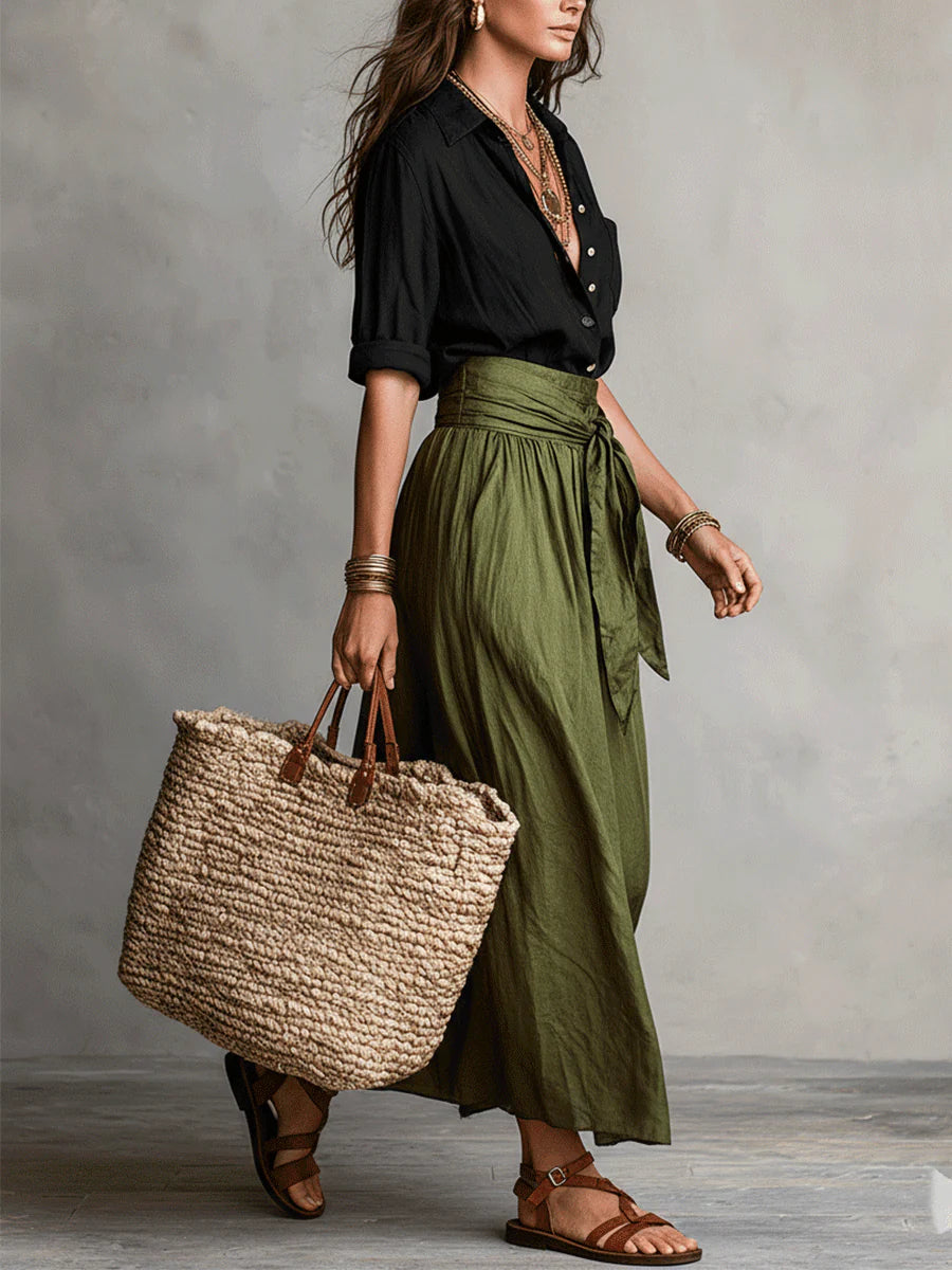 Ensemble deux pièces t-shirt et jupe midi taille haute pour femme