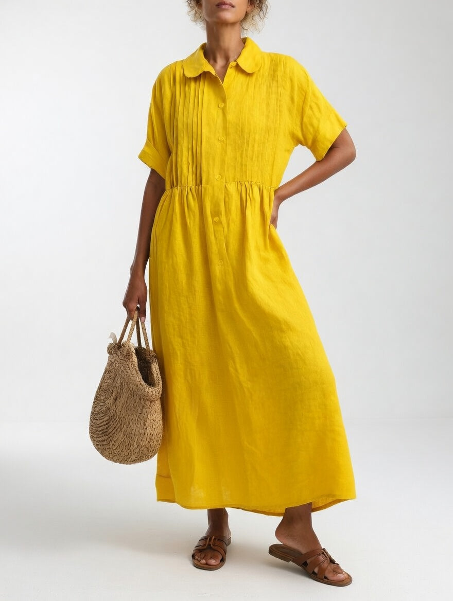 Robe Chemisier Longue Femme En Coton À Manches Courtes