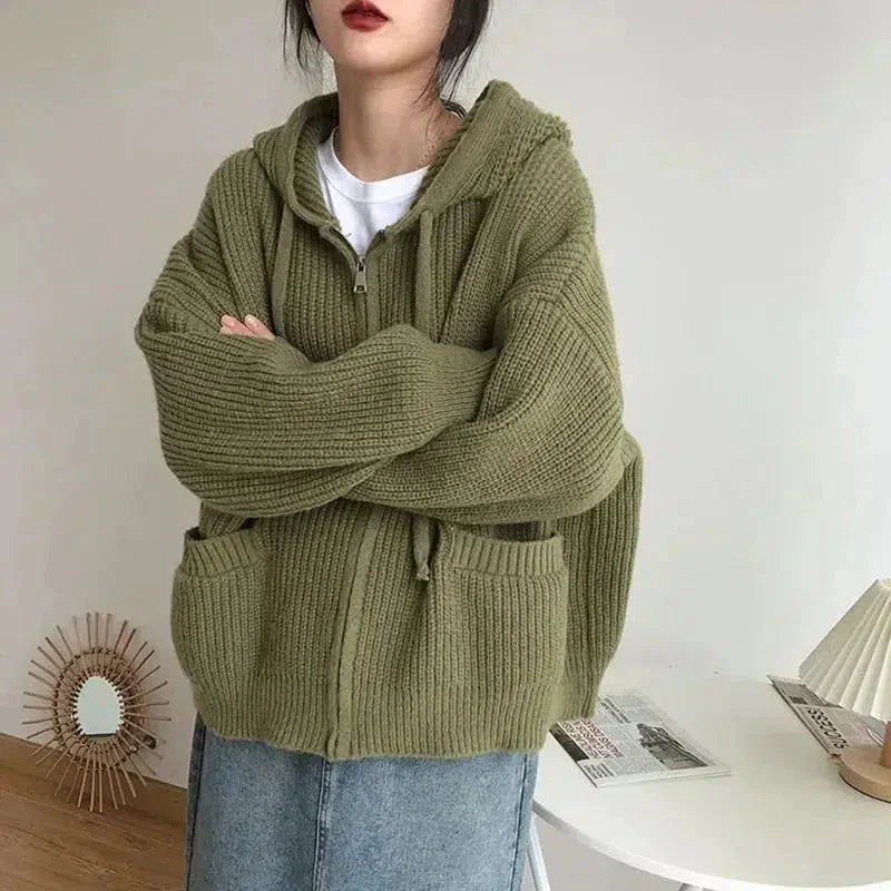 Cardigan Zippé À Capuche Pour Femme En Maille Douce