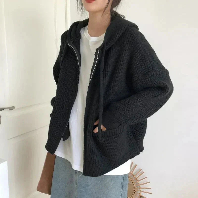 Cardigan Zippé À Capuche Pour Femme En Maille Douce