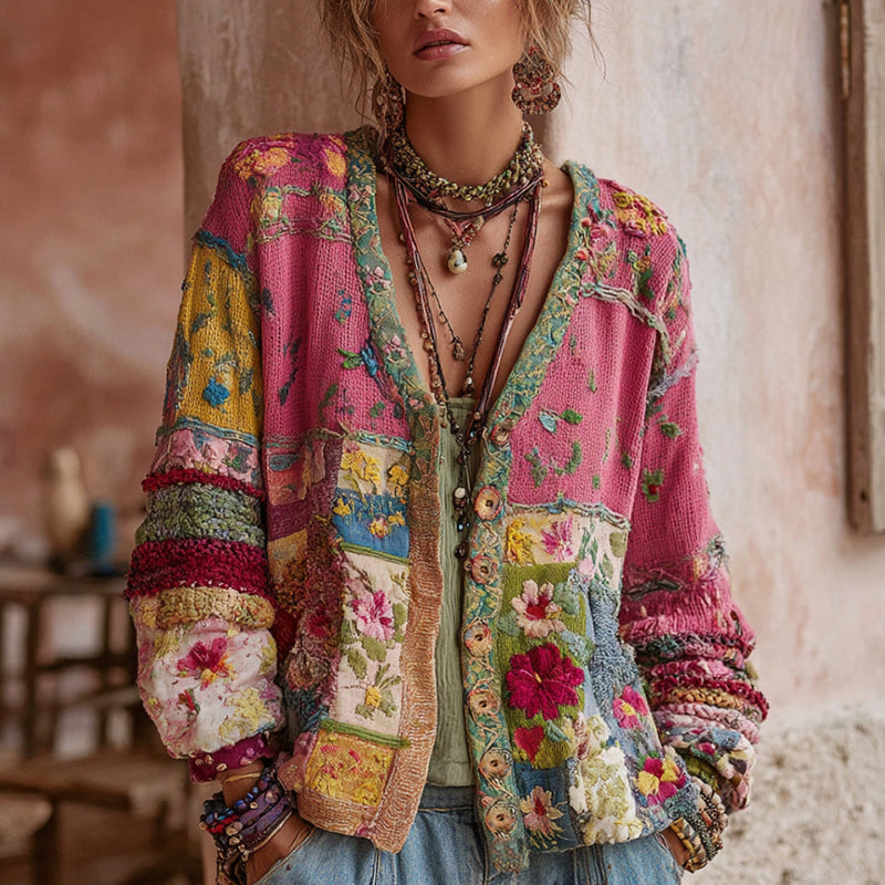 Gilet Femme En Maille Patchwork Floral À Col V