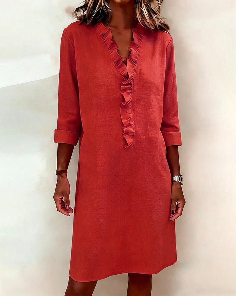 Robe Lin Femme À Col V Et Volants Manches Longues