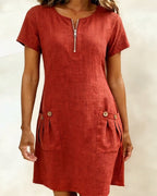 Robe courte coupe A-line en coton et lin à fermeture zippée pour femme